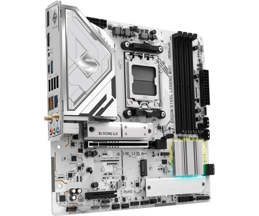 Mainboard ASROCK AMD B850 SAM5 Micro-ATX Memory DDR5 Memory slots 4 4xPCI-Express 4.0 4x 1xPCI-Express 5.0 16x 1xM.2 1xHDMI 1xDisplayPort 1xAudio-In 1xAudio-Out 1xMicrophone 4xUSB 2.0 3xUSB 3.2 1xUSB-C 1xRJ45 B850MSTEELLEGENDWIFI