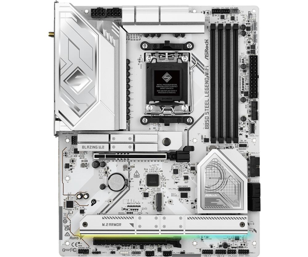 Mainboard ASROCK AMD B850 SAM5 ATX Memory DDR5 Memory slots 4 1xPCI-Express 4.0 16x 1xPCI-Express 5.0 16x 1xM.2 1xHDMI 1xAudio-In 1xAudio-Out 4xUSB 2.0 5xUSB 3.2 2xUSB-C 1xOptical S/PDIF 1xRJ45 B850STEELLEGENDWIFI