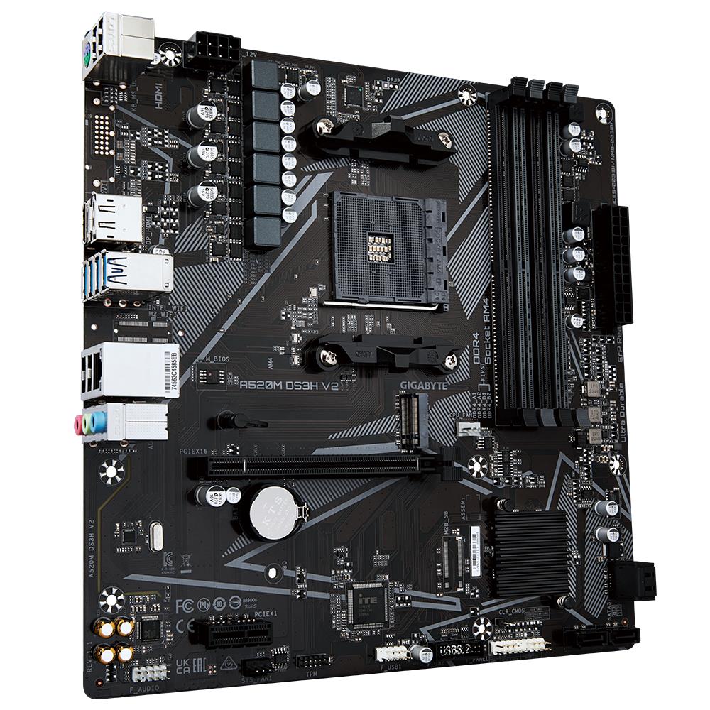 Mainboard GIGABYTE AMD A520 SAM4 Micro-ATX Memory DDR4 Memory slots 4 1xPCI-Express 3.0 1x 1xPCI-Express 3.0 16x 1xM.2 1xHDMI 1xDisplayPort 2xUSB 2.0 4xUSB 3.2 1xPS/2 1xRJ45 3xAudio port A520MDS3HV21.1