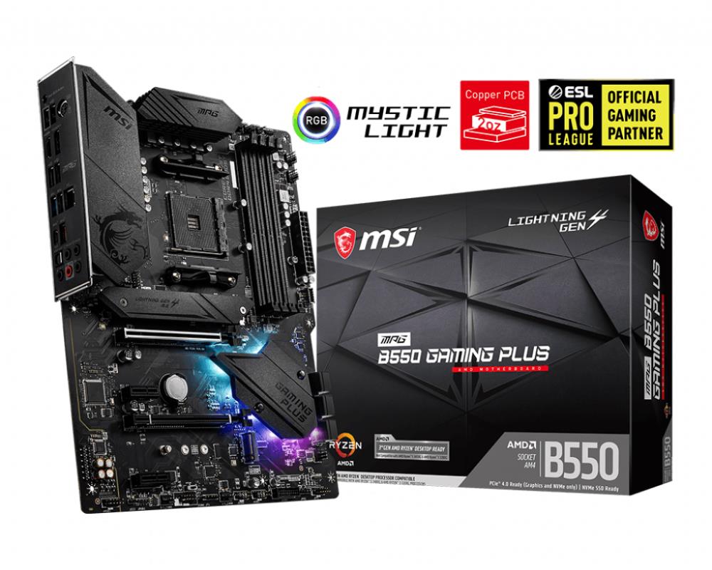 Mainboard MSI AMD B550 SAM4 ATX 2xPCI-Express 3.0 1x 1xPCI-Express 3.0 4x 2xM.2 1xPCI-Express 4.0 1x Memory DDR4 Memory slots 4 1xHDMI 1xDisplayPort 2xAudio-In 3xAudio-Out 4xUSB 2.0 1xUSB type C 3xUSB 3.2 1xPS/2 1xOptical S/PDIF 1xRJ45 MPGB550GAMINGPLUS