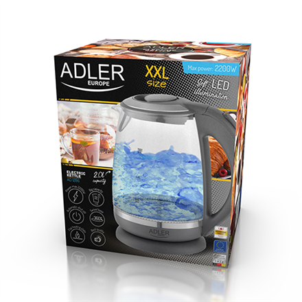 Adler | Kettle | AD 1286 | Standard | 2200 W | 2 L | Plastic/Glass | 360° rotational base | Grey