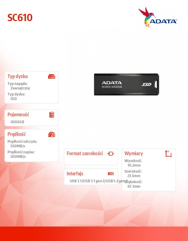 SSD External SC610 2000 GB USB3.2A Gen2 Black