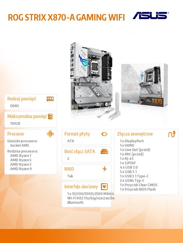 Motherboard ROG STRIX X870-A GAMING WIFI AM5 4DDR5 HDMI/USB