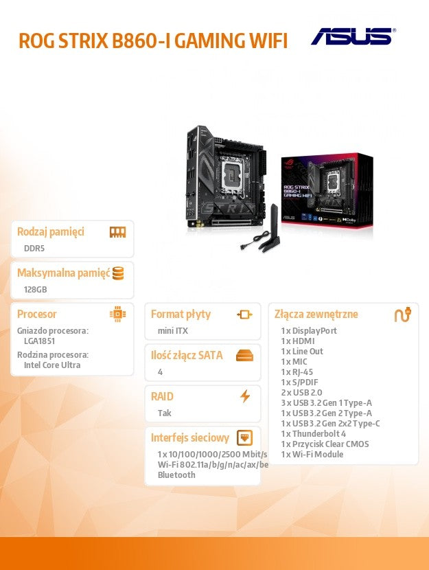 Motherboard ROG STRIX B860-I GAMING WIFI s1851 4DDR5 TB ITX