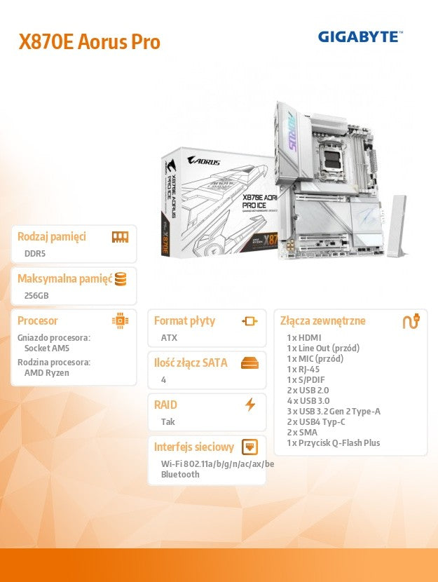 Motherboard X870E AORUS PRO ICE AM5 4DDR5 HDMI/USB-C ATX