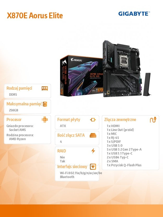 Motherboard X870E AORUS ELITE X3D AM5 4DDR5 HDMI/USB-C ATX