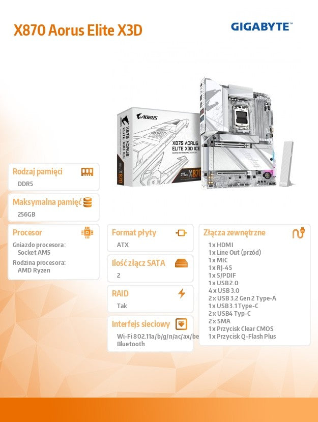 Motherboard X870 AORUS ELITE X3D ICE AM5 4DDR5 HDMI ATX