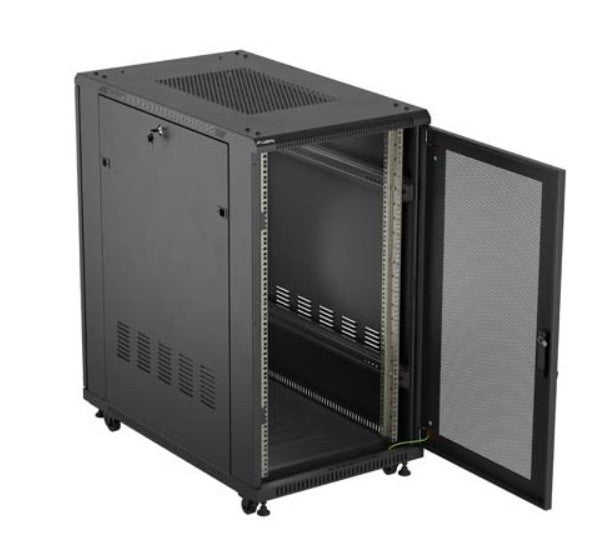 19-inch 22U 600x1000 black floor-standing rack cabinet with perforated doors (flat pack)