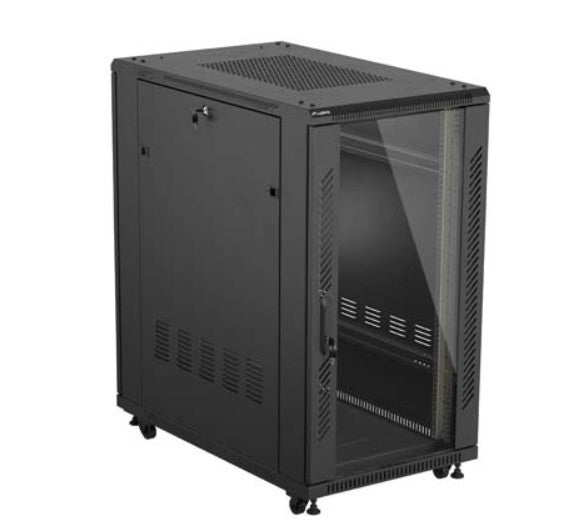 19" 22U 600x1000 black floor-standing rack cabinet with glass doors (flat pack)