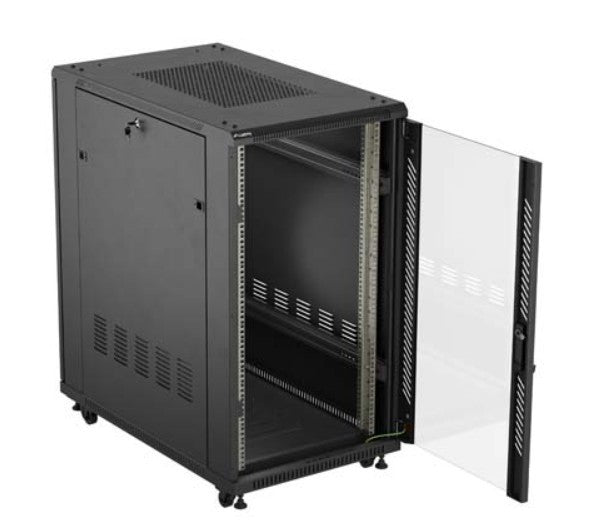 19" 22U 600x1000 black floor-standing rack cabinet with glass doors (flat pack)