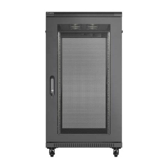 19" 22U 600x1200 black floor-standing rack cabinet with perforated doors (flat pack)