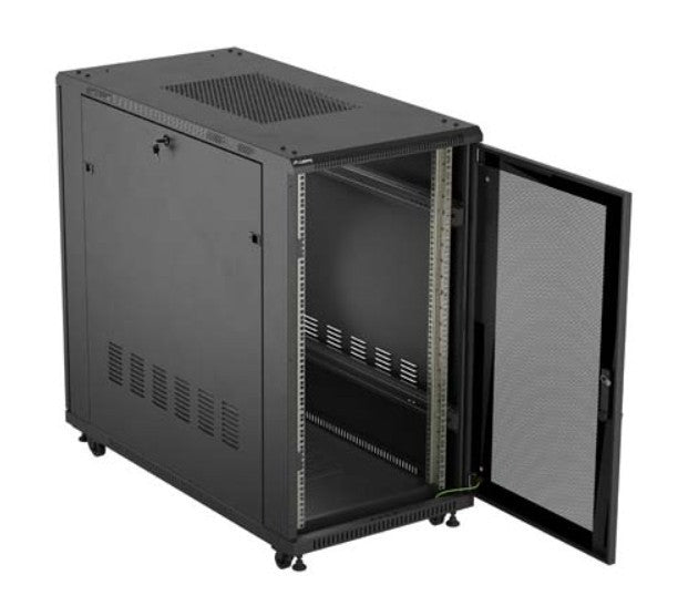 19" 22U 600x1200 black floor-standing rack cabinet with perforated doors (flat pack)