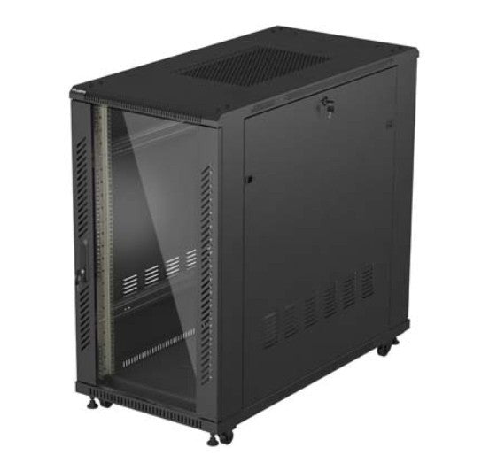 19" 22U 600x1200 black floor-standing rack cabinet with glass doors (flat pack)