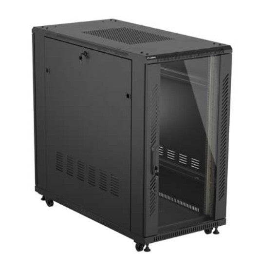 19" 22U 600x1200 black floor-standing rack cabinet with glass doors (flat pack)