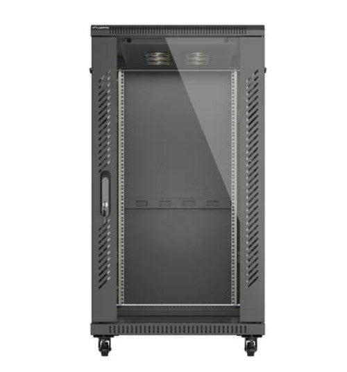 19" 22U 600x1200 black floor-standing rack cabinet with glass doors (flat pack)