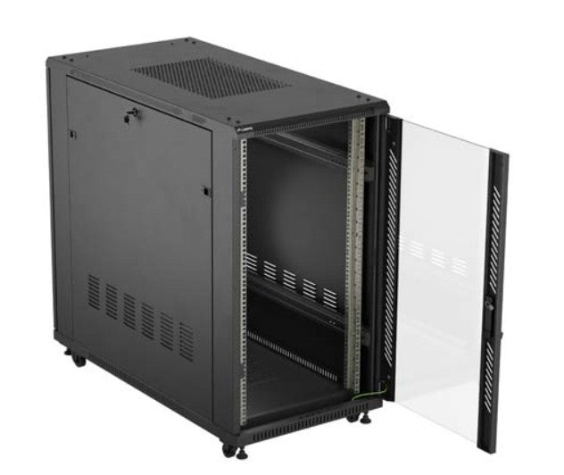 19" 22U 600x1200 black floor-standing rack cabinet with glass doors (flat pack)