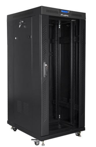 19 inch installation cabinet, standing, 27u 800x1000 black, lcd glass door (flat pack)