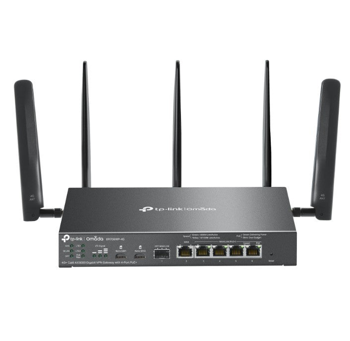 Omada 4G+ Cat6 AX3000 Gigabit VPN Gate with 4-Port PoE+PORT: 1× Gigabit SFP WAN/LAN Port, 1× Gigabit RJ45 WAN Port, 4× Gigabit WAN/LAN ER706WP-4G