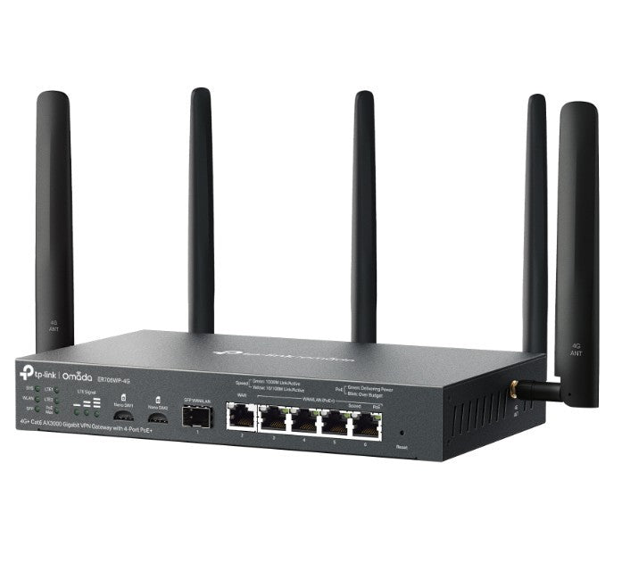 Omada 4G+ Cat6 AX3000 Gigabit VPN Gate with 4-Port PoE+PORT: 1× Gigabit SFP WAN/LAN Port, 1× Gigabit RJ45 WAN Port, 4× Gigabit WAN/LAN ER706WP-4G