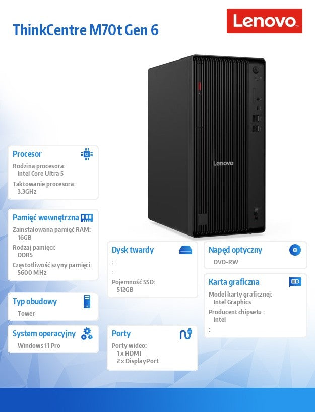 Computer ThinkCentre M70t G6 TOWER 12YH001VPB W11Pro Ultra 5 225/16GB/512GB/INT/DVD/3YRS OS + 1YR premier