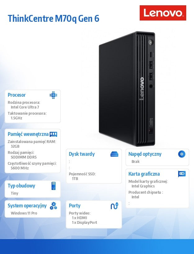 Computer ThinkCentre M70q Tiny G6 13A40016PB W11Pro Ultra 7 265T/2X16GB/1TB/INT/vPro/Black/3YR OS + 1YR Premier TC