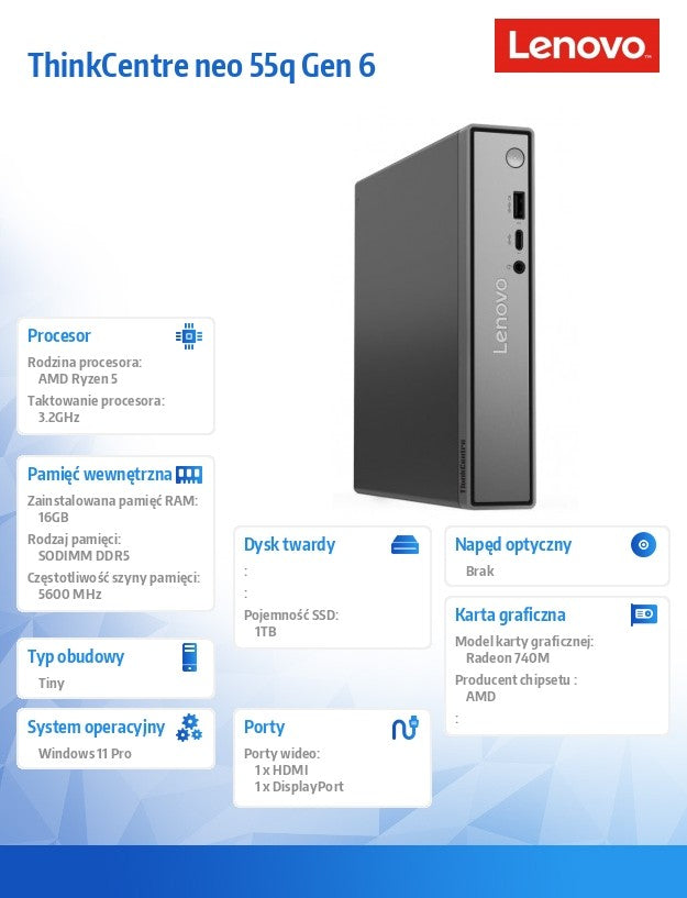 Computer ThinkCentre Neo 55q Tiny G6 13GN0011PB W11Pro 5 220/16GB/1TB/AMD Radeon/3YR OS