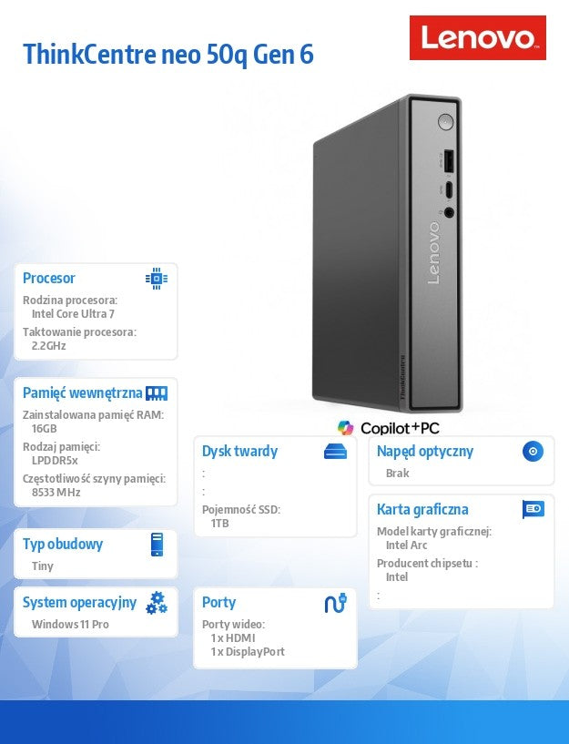 Computer ThinkCentre Neo 50q Tiny G6 13HR003YPB W11Pro Ultra 7 256V/16GB/1TB/INT/3YRS OS
