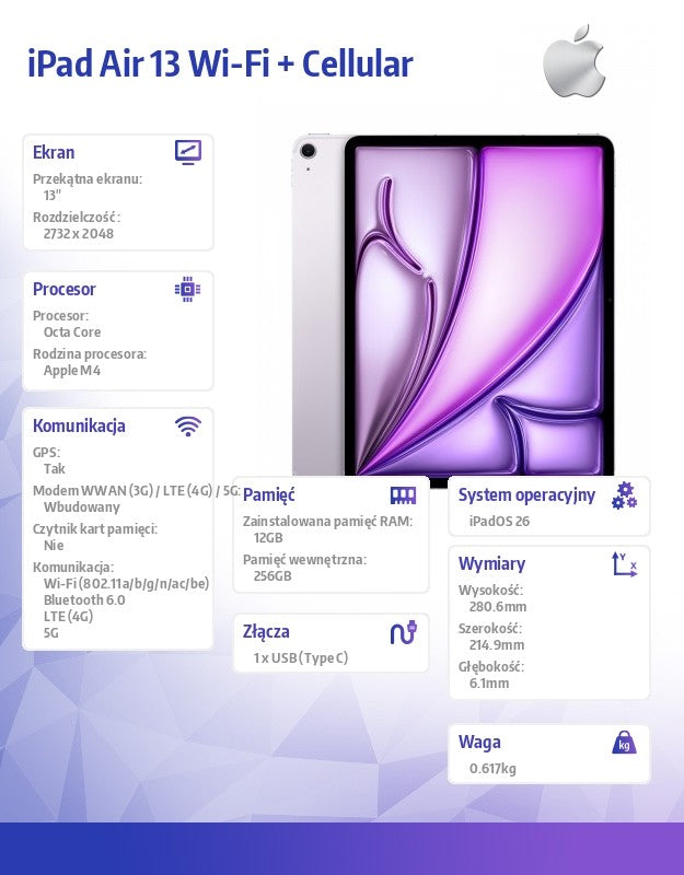 iPad Air 13 inches Wi-Fi + Cellular 256GB Purple