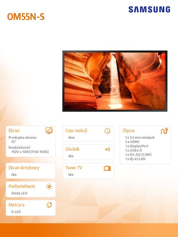 Professional display OM55N-S 55 inch glossy 24h/7 4000(cd/m2) 1920x1080 (FHD) S6 Player (Tizen 4.0) Wi-Fi 3 years On-Site (LH55OMNESGBXEN)