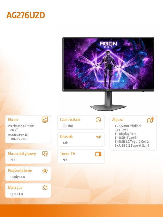Monitor 26.5 inches AG276UZD 4K QD-OLED 240Hz HDMIx2 DP USB-C Pivot