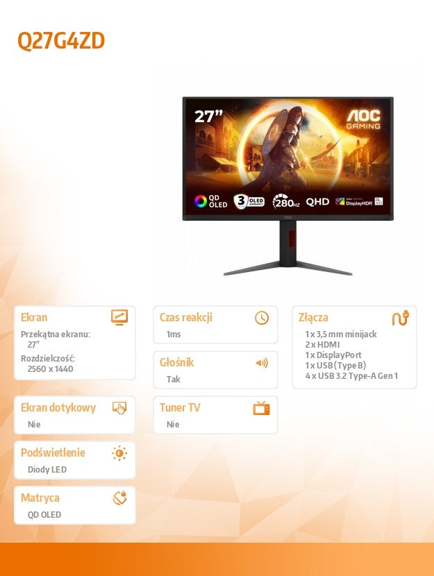 AOC Q27G4ZD 27'QD-OLED 240Hz HDMIx2 DP Pivot
