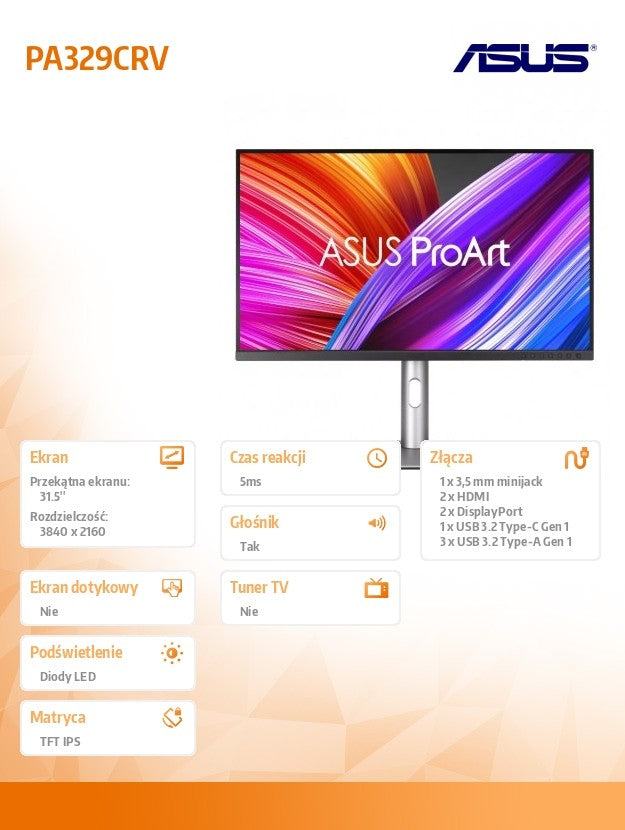 Monitor 32 inches PA329CRV IPS 4K UHD HDMI DP USB3.2 USB-C SPEAKER PIVOT DCI-P3 98% HDR400 sRGB, Rec. 709, DCI-P3, AdobeRGB, DICOM