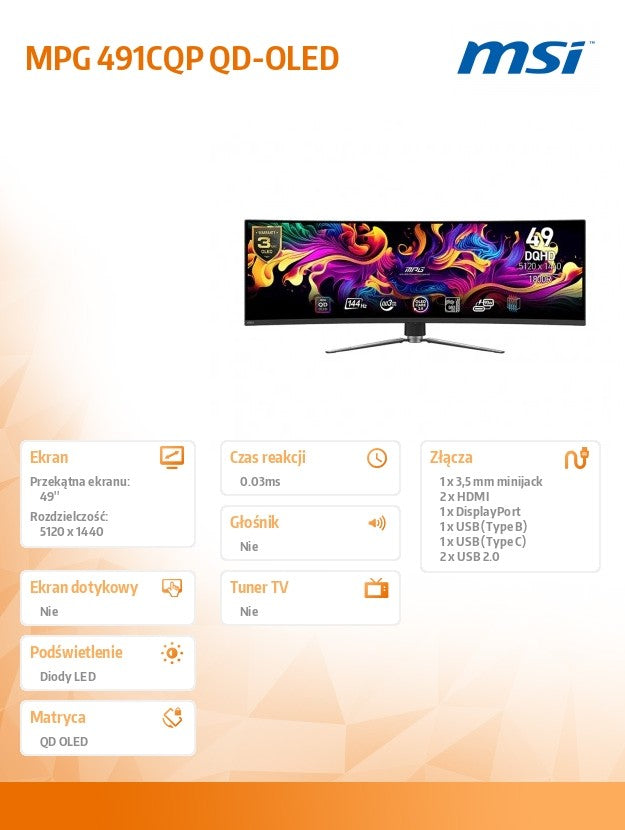 Monitor MPG 491CQP QD-OLED 49 inches/LED/QD-OLED/Curved/144Hz/Black