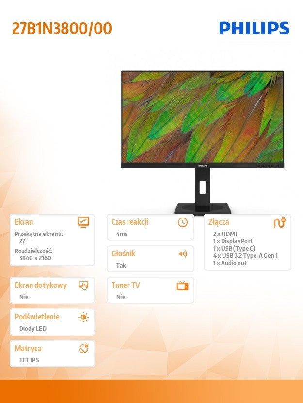 Monitor 27B1N3800 27 inches IPS 4K HDMIx2 DP Pivot Speakers