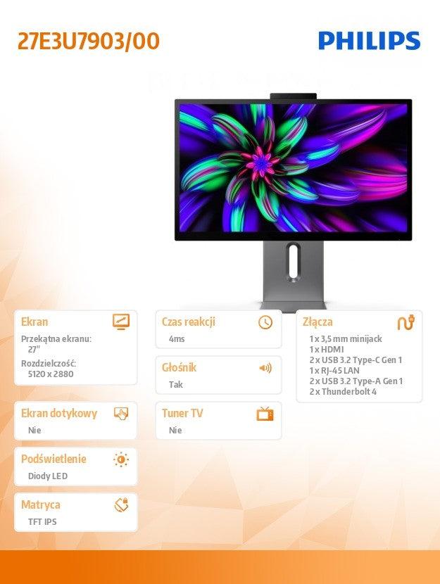 Monitor 27E3U7903 27 inch IPS 5K Thunderbolt 4 RJ45 Pivot Speakers