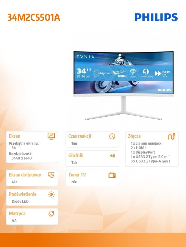 Monitor 34 inches 34M2C5501A Curved VA 180Hz HDMIx2 DP HAS Ambiglow