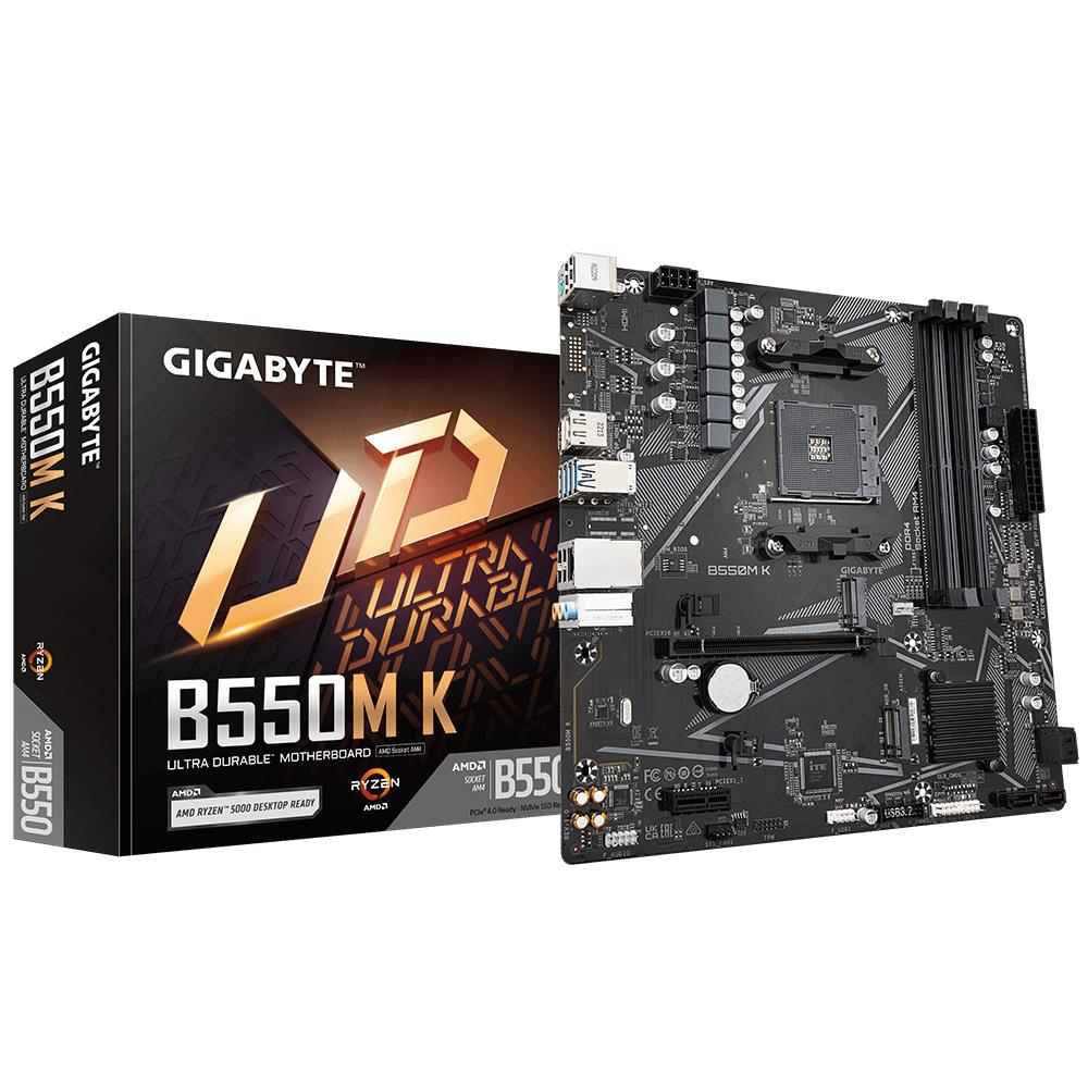 Mainboard GIGABYTE AMD B550 SAM4 Micro-ATX Memory DDR4 Memory slots 4 1xPCI-Express 3.0 1x 1xPCI-Express 4.0 16x 2xM.2 1xHDMI 1xDisplayPort 2xAudio-In 1xAudio-Out 4xUSB 2.0 4xUSB 3.2 1xPS/2 1xRJ45 B550MK1.1