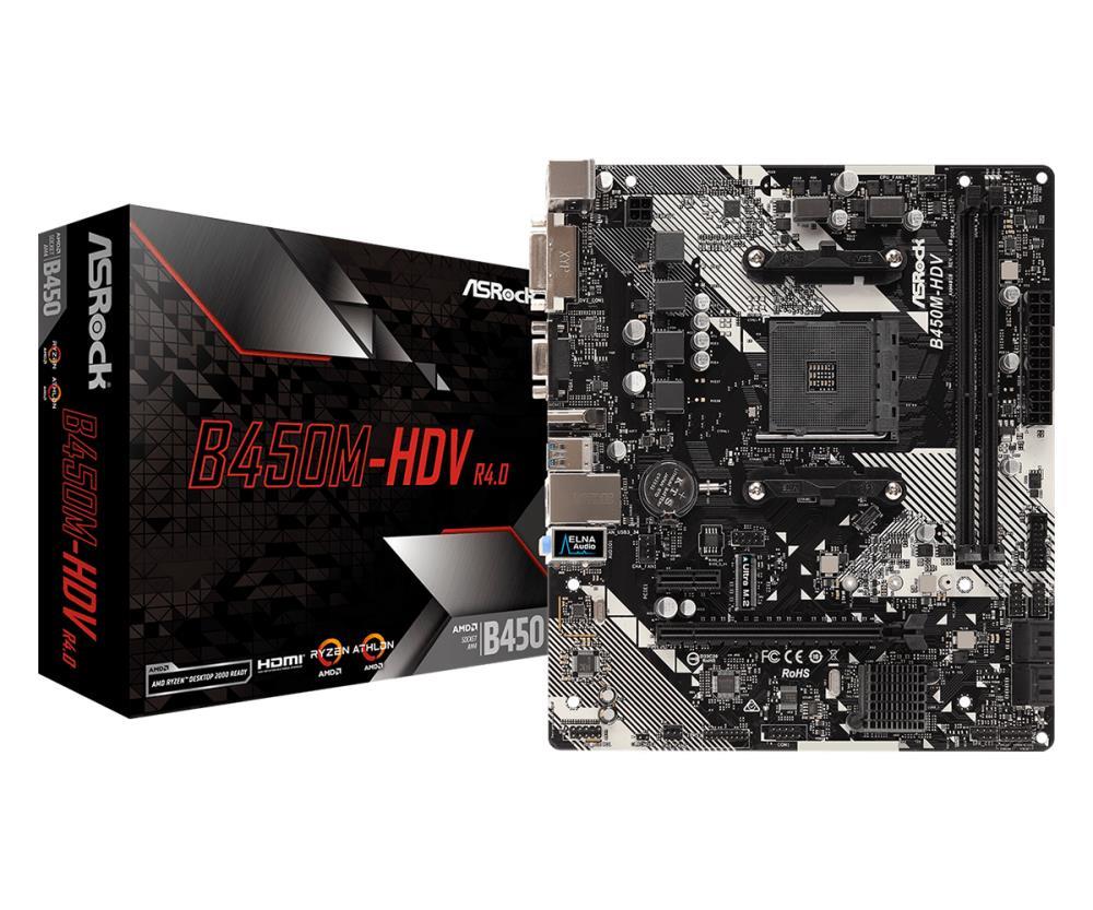 Mainboard ASROCK AMD B450 SAM4 Micro-ATX Memory DDR4 Memory slots 2 1xPCI-Express 2.0 1x 1xPCI-Express 3.0 16x 1xM.2 1x15pin D-sub 1xDVI-D 1xHDMI 2xUSB 2.0 4xUSB 3.1 1xPS/2 1xRJ45 3xAudio port B450M-HDVR4.0
