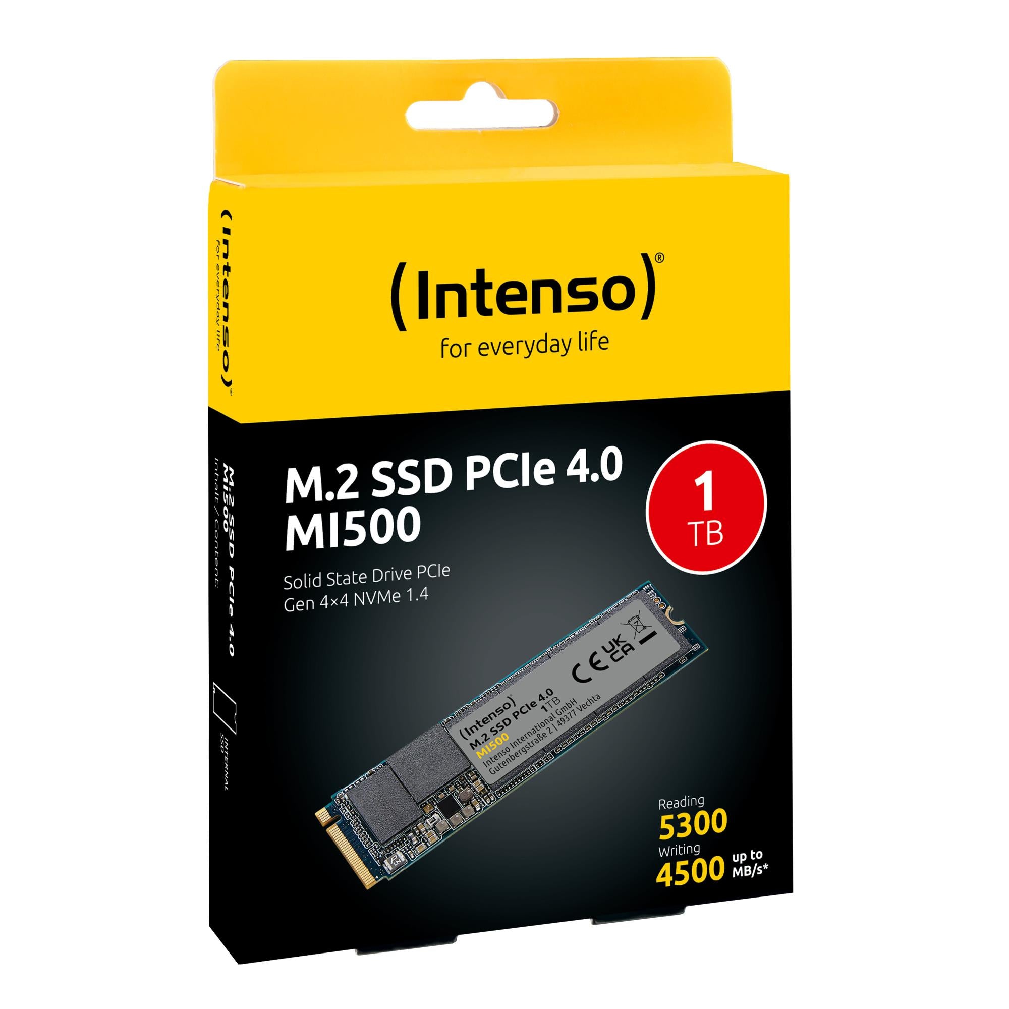 SSD INTENSO MI500 1TB M.2 NVMe 3D NAND Write speed 4500 MBytes/sec Read speed 5300 MBytes/sec 4mm TBW 600 TB MTBF 1500000 hours 3836460