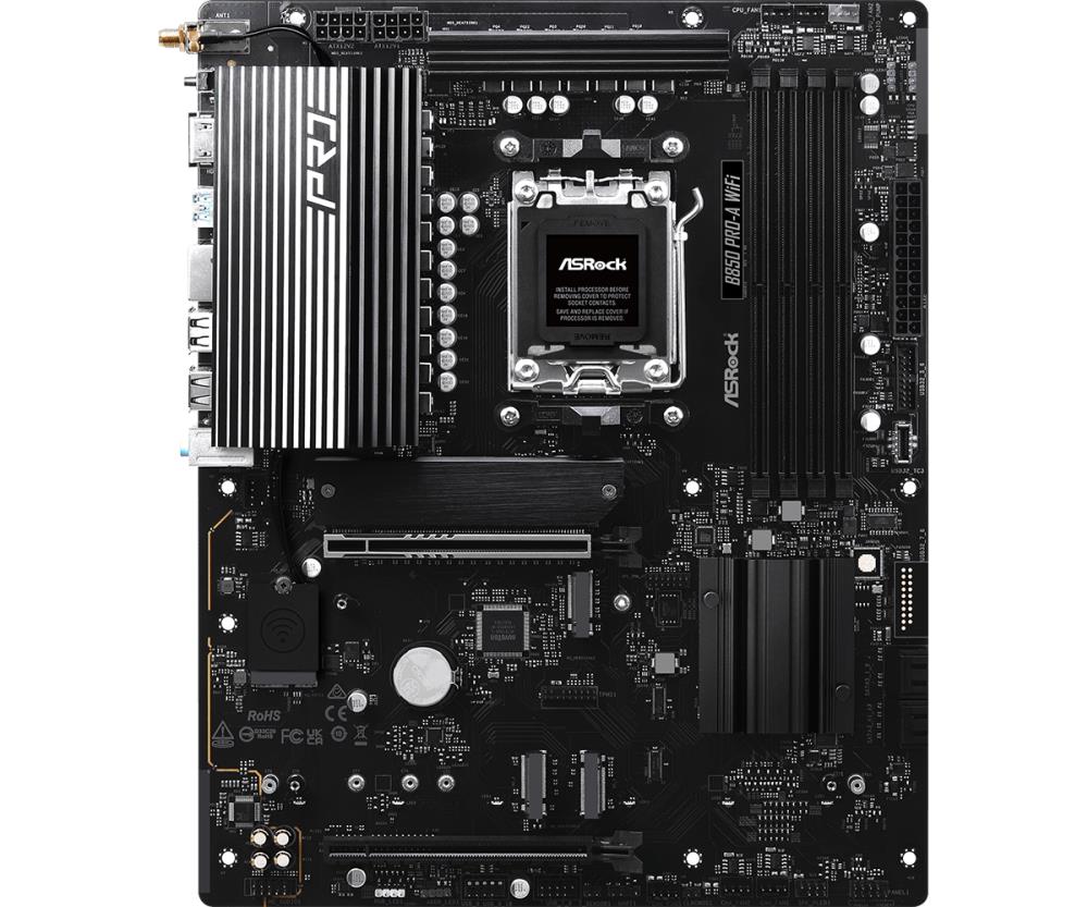Mainboard ASROCK AMD B850 SAM5 ATX Memory DDR5 Memory slots 4 1xPCI-Express 4.0 16x 1xPCI-Express 5.0 16x 1xM.2 1xHDMI 1xAudio-In 1xAudio-Out 1xMicrophone 6xUSB 2.0 4xUSB 3.2 1xUSB-C 1xRJ45 B850PRO-AWIFI
