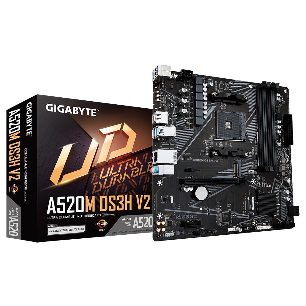Mainboard GIGABYTE AMD A520 SAM4 Micro-ATX Memory DDR4 Memory slots 4 1xPCI-Express 3.0 1x 1xPCI-Express 3.0 16x 1xM.2 1xHDMI 1xDisplayPort 2xUSB 2.0 4xUSB 3.2 1xPS/2 1xRJ45 3xAudio port A520MDS3HV21.1