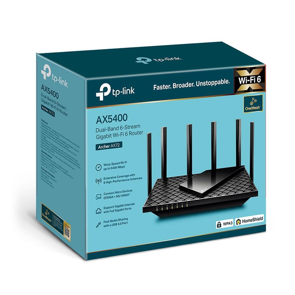 Wireless Router TP-LINK Wireless Router 5400 Mbps Wi-Fi 6 IEEE 802.11a IEEE 802.11 b/g IEEE 802.11n IEEE 802.11ac IEEE 802.11ax USB 3.0 3x10/100/1000M 1x2.5GbE LAN \ WAN ports 1 Number of antennas 6 ARCHERAX72PRO