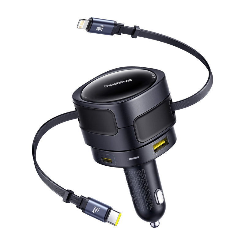Baseus Enjoyment Max car charger with USB-C+Lightning cables and USB-A+USB-C ports 90W Black - Image 1
