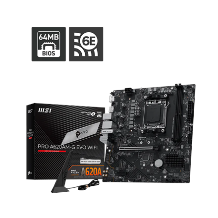 MSI PRO A620AM-G EVO WIFI | Processor family AMD | Processor socket AM5 | DDR5 | Number of SATA connectors 4 | Supported