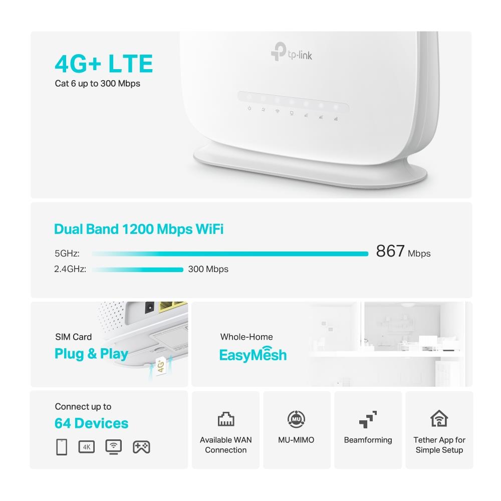 Wireless Router TP-LINK Wireless Router 1200 Mbps IEEE 802.11a IEEE 802.11 b/g IEEE 802.11n IEEE 802.11ac 3x10/100/1000M LAN \ WAN ports 1 Number of antennas 2 4G ARCHERMR505