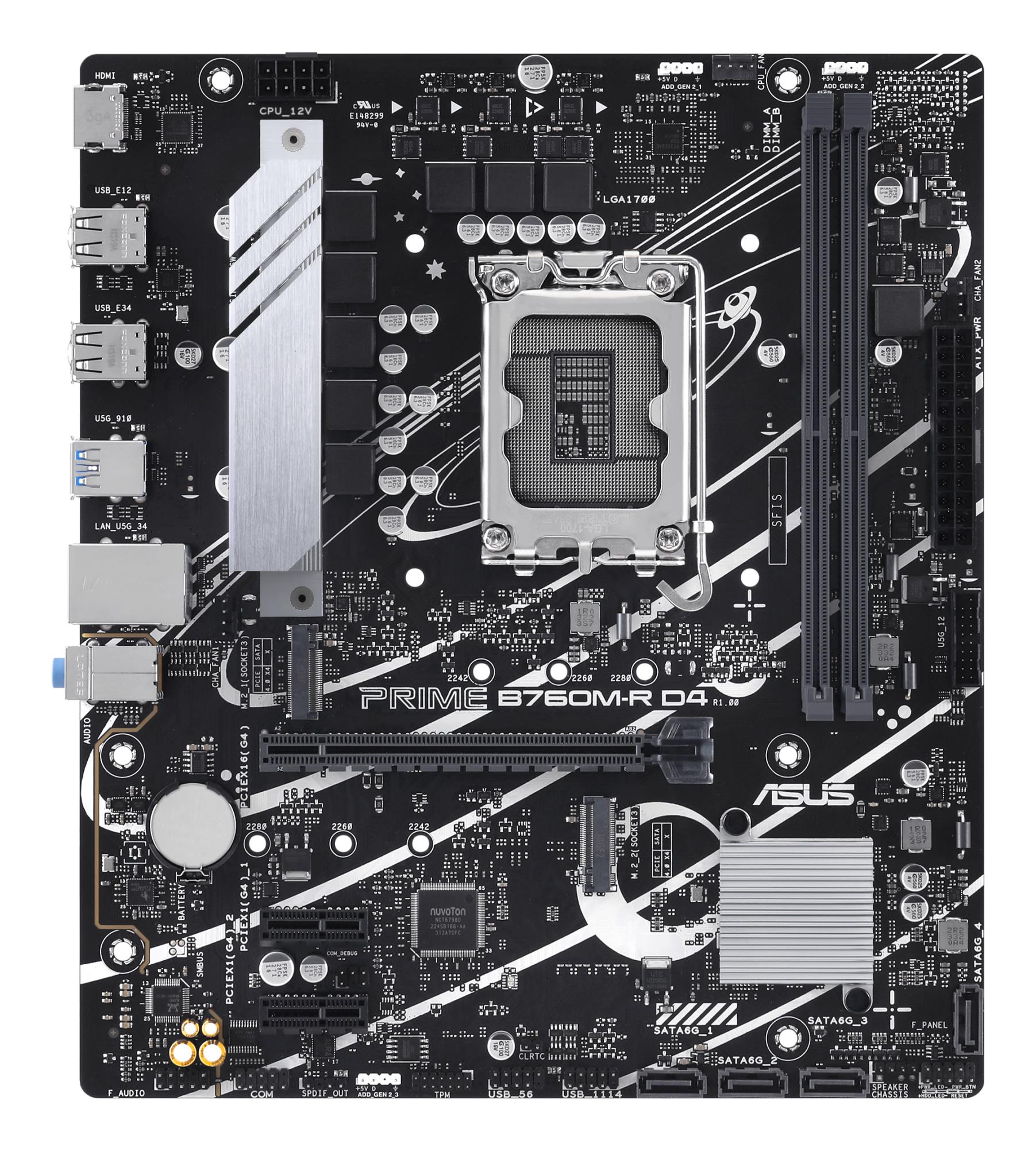 Mainboard ASUS Intel B760 Express LGA1700 Micro-ATX Memory DDR4 Memory slots 2 2xPCI-Express 4.0 1x 1xPCI-Express 4.0 16x 2xM.2 1x15pin D-sub 1xHDMI 4xUSB 2.0 4xUSB 3.2 1xOptical S/PDIF 3xAudio port PRIMEB760M-RD4