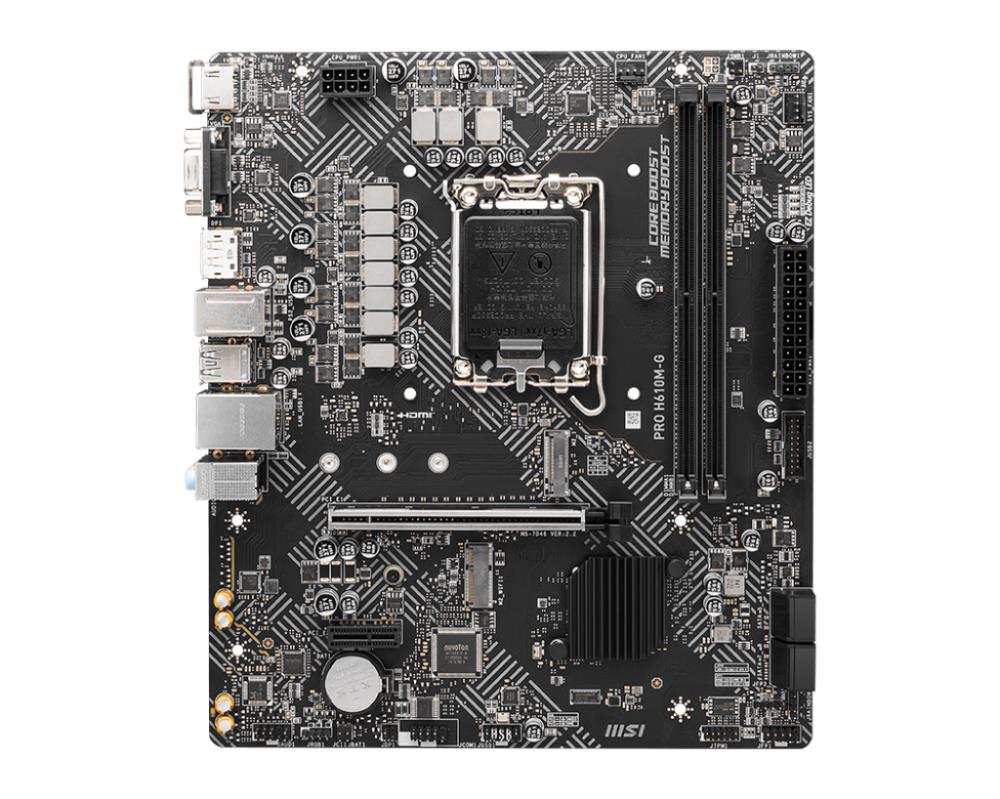 Mainboard MSI Intel H610 LGA1700 Micro-ATX Memory DDR5 Memory slots 2 1xPCI-Express 1x 1xPCI-Express 16x 1xM.2 1x15pin D-sub 1xHDMI 1xDisplayPort 4xUSB 2.0 2xUSB 3.2 1xPS/2 1xRJ45 3xAudio port PROH610M-GDDR5