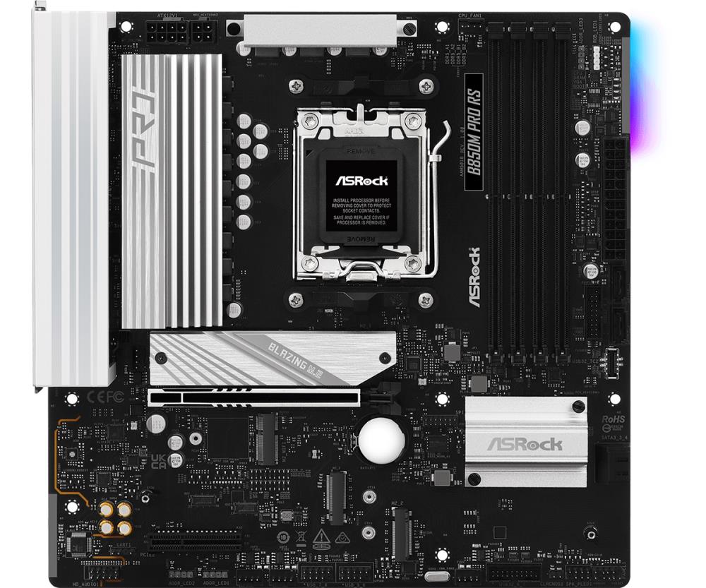 Mainboard ASROCK AMD B850 SAM5 Micro-ATX Memory DDR5 Memory slots 4 1xPCI-Express 4.0 4x 1xPCI-Express 5.0 16x 1xM.2 1xHDMI 1xDisplayPort 1xAudio-In 1xAudio-Out 1xMicrophone 4xUSB 2.0 3xUSB 3.2 1xUSB-C 1xRJ45 B850MPRORS