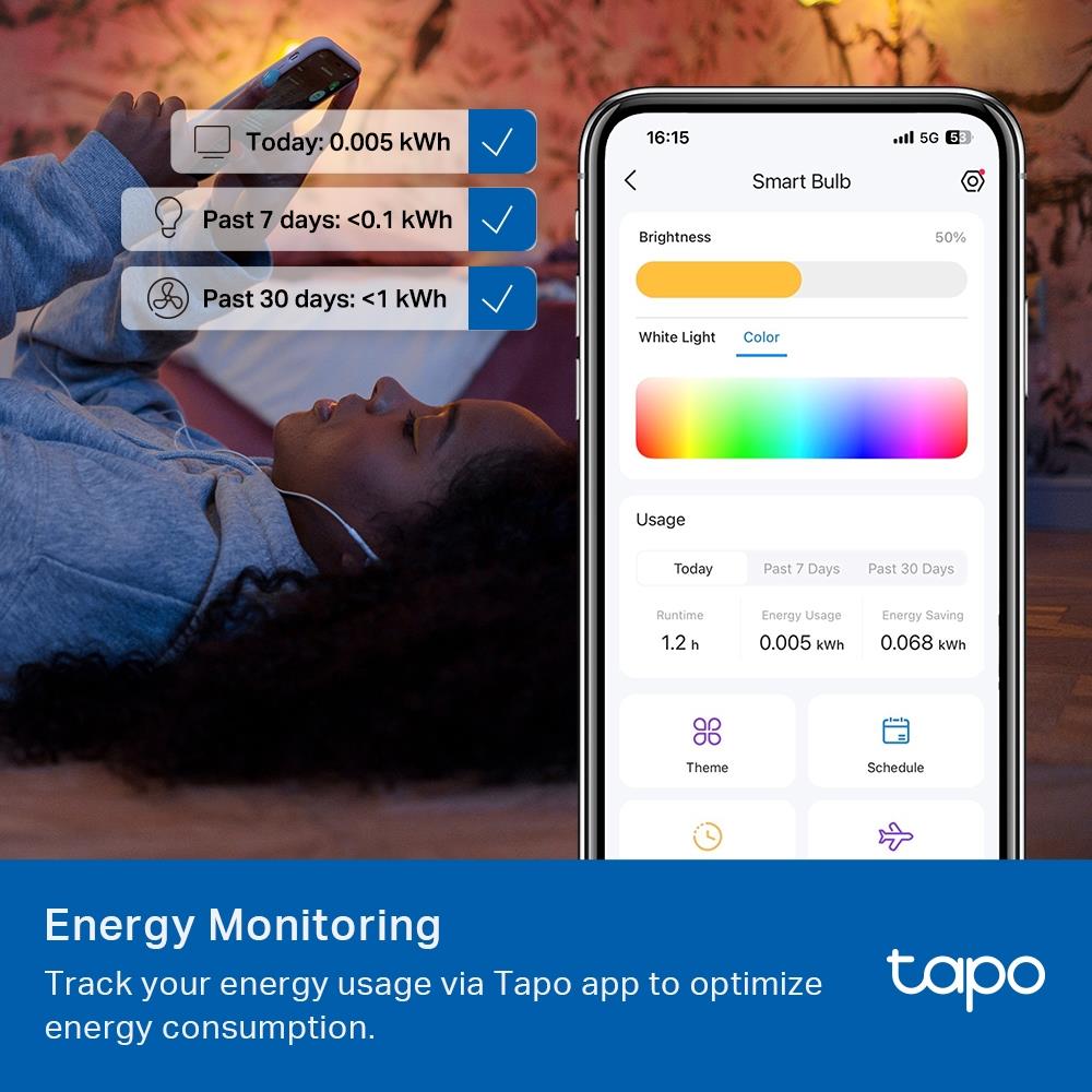 Smart Light Bulb TP-LINK Power consumption 8.6 Watts Luminous flux 1055 Lumen 6500 K 240V Beam angle 220 degrees TAPOL535E