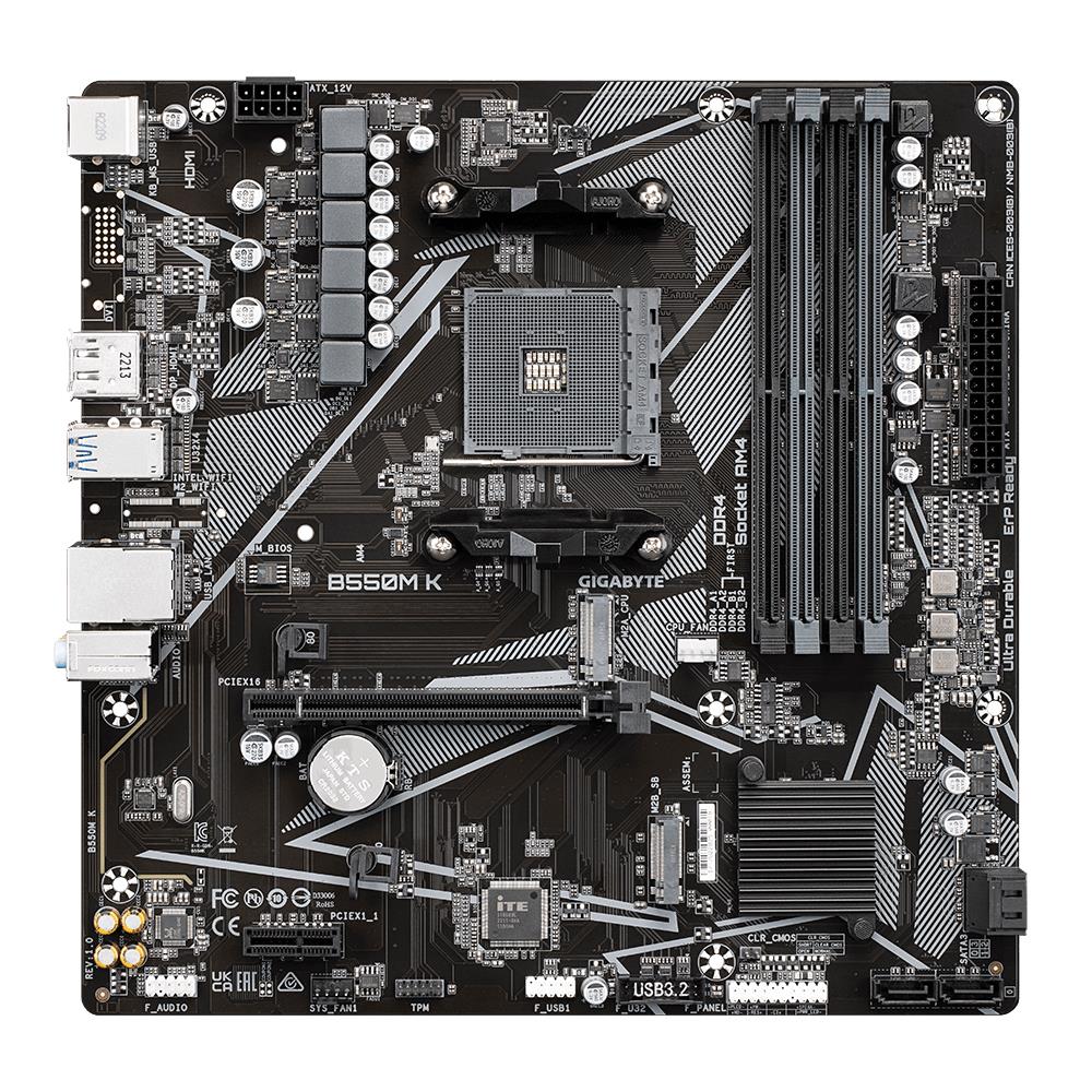 Mainboard GIGABYTE AMD B550 SAM4 Micro-ATX Memory DDR4 Memory slots 4 1xPCI-Express 3.0 1x 1xPCI-Express 4.0 16x 2xM.2 1xHDMI 1xDisplayPort 2xAudio-In 1xAudio-Out 4xUSB 2.0 4xUSB 3.2 1xPS/2 1xRJ45 B550MK